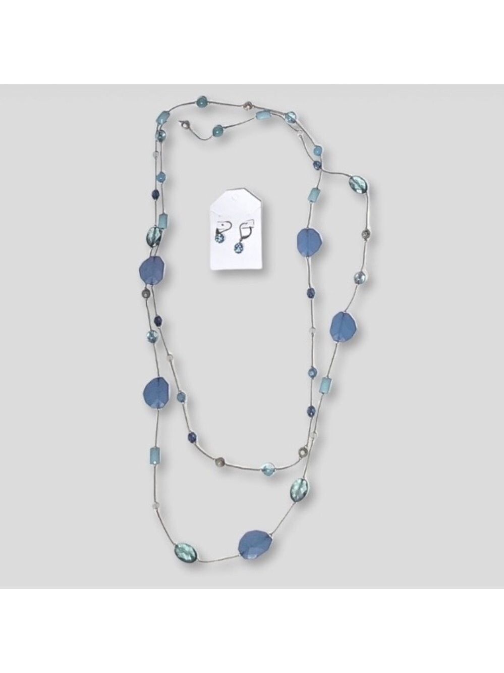 Vintage Beaded Layered Necklace and Drop Earring Set Silver Tone Blue